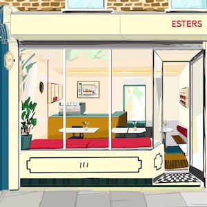 May include: Illustration of a cafe storefront with large windows. The cafe, named "ESTERS", has a cream-colored facade with red accents. Inside, there are tables, red seating, and a coffee machine. A blue door is visible to the right.