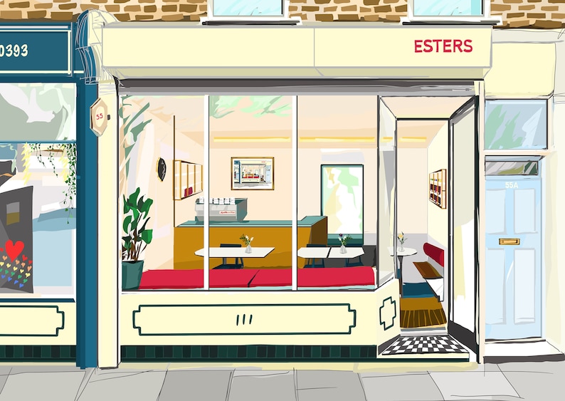 May include: Illustration of a cafe storefront with large windows. The cafe, named "ESTERS", has a cream-colored facade with red accents. Inside, there are tables, red seating, and a coffee machine. A blue door is visible to the right.