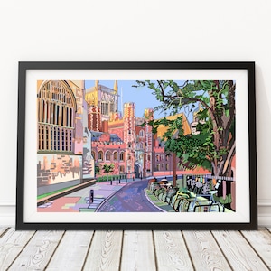 May include: A colourful illustration of a street scene in a historic city. The buildings are a mix of red brick and stone, with tall windows and arched doorways. There are trees lining the street, and a row of bicycles parked along the side.