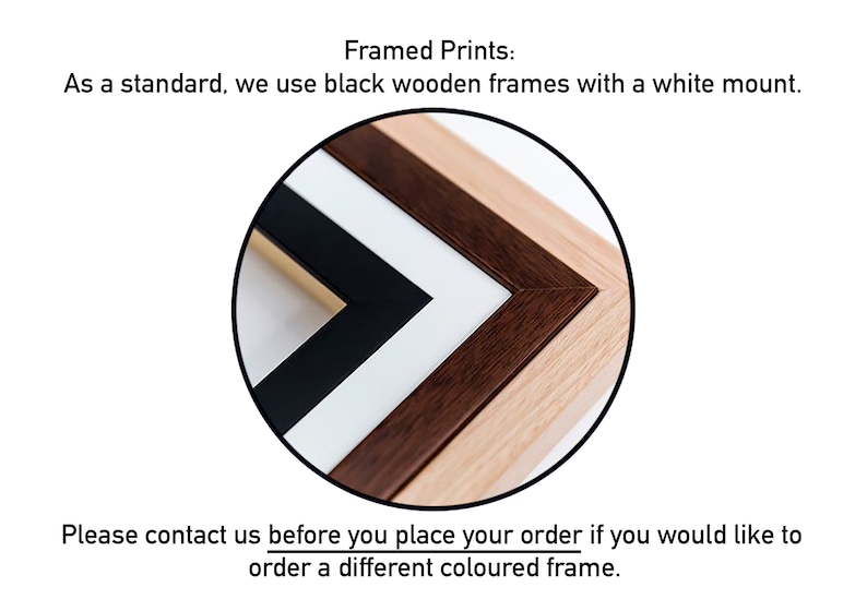 May include: Close-up of framed prints with black, brown, and natural wood frames. The frames have a white mount. Text at the top reads "Framed Prints: As a standard, we use black wooden frames with a white mount."