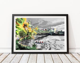 Zwart-wit: Hammersmith Bridge, West-Londen illustratie kunstafdruk