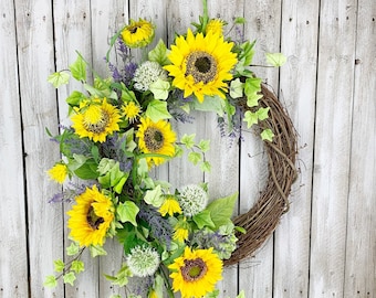 Sunflower Wreath for Front Door – Summer Grapevine Wreath – Farmhouse Floral Decor