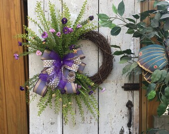 Wildflower Spring Wreath: Purple Lavender Front Door Decor