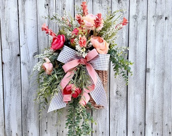 Spring wall basket, Summer door decor, Front door wreaths, Basket for front door, Artificial Floral door basket, Spring wreaths