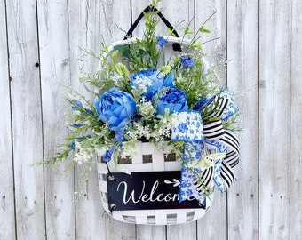 Welcome door basket, Front door wreath, Summer door basket, Spring door basket, Blue door basket