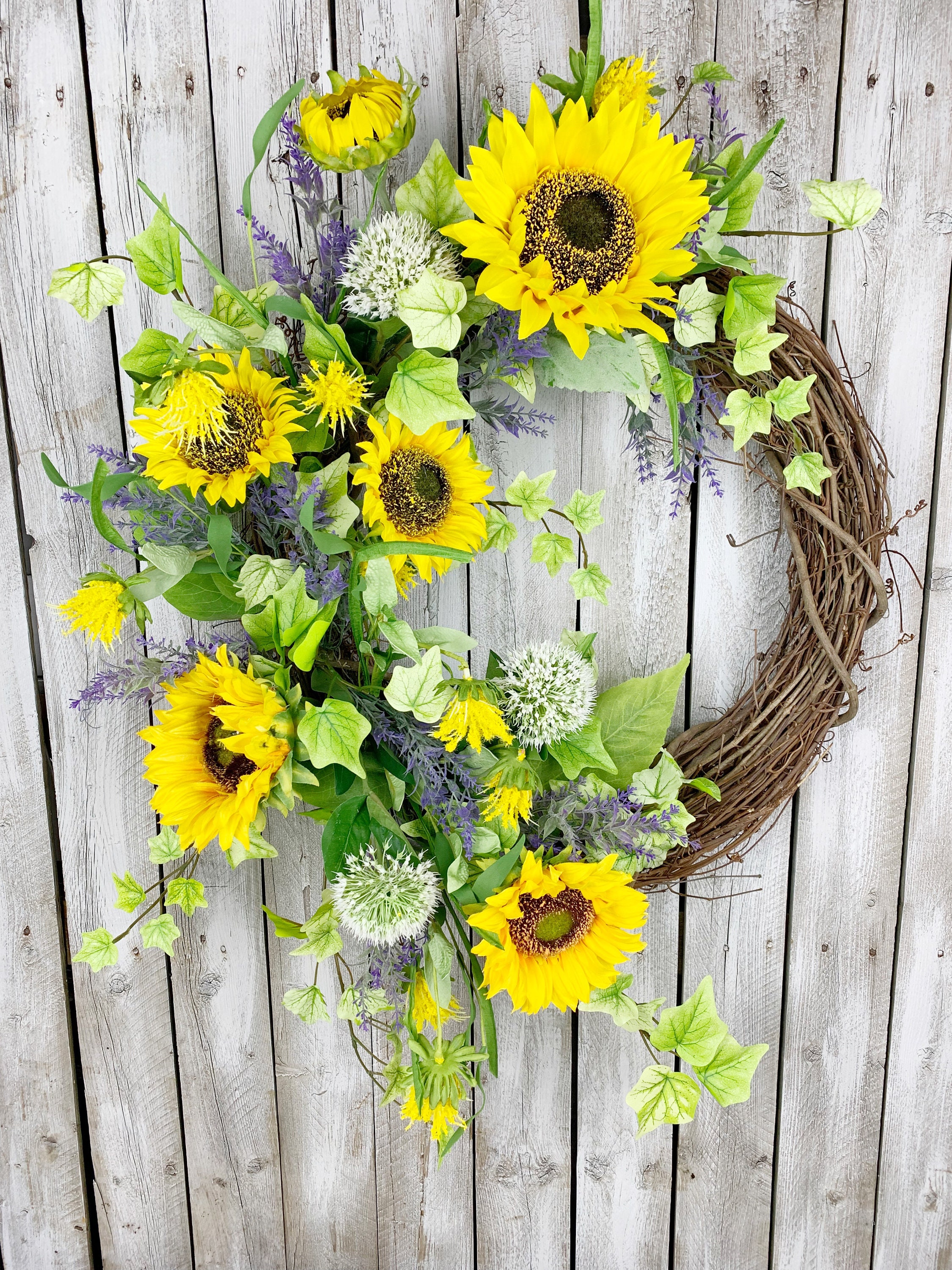 Sunflower Wreath for Front Door – Summer Grapevine Wreath – Farmhouse ...