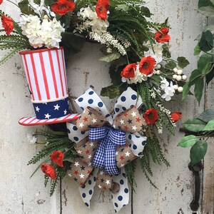 Patriotic Front Door Wreath: Americana Poppies, Hydrangeas & Hat