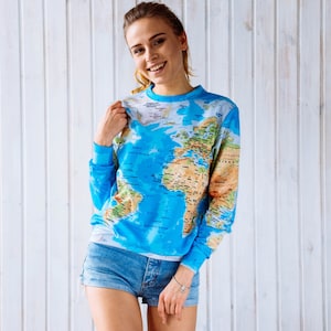 Sweatshirt met geografie-print, trui wereldkaart, trui met wereldbolprint voor reiziger, cadeau van ONME,