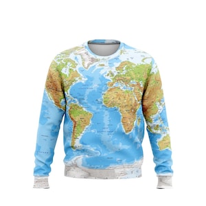 Sweatshirt mit gedruckter Weltkarte für Reisende, Geographie Sweatshirt, Globe Print Pullover, Pullover für Frauen und Männer,
