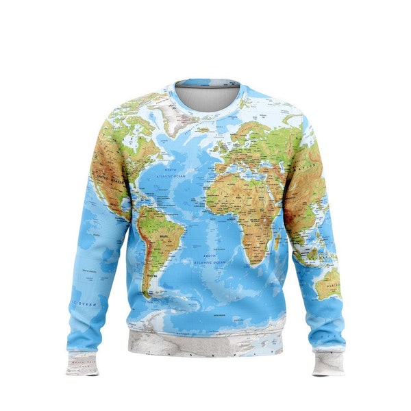 Sweatshirt with printed World Map for travelers, Geography sweatshirt, Globe Print sweater, sweater for Women and Men, gift for women