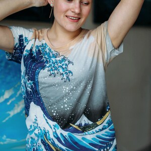 Recycled t-shirt with full print &quot;The Great Wave&quot; by Hokusai birthday gift for her