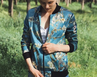 Bomberjacke Van Gogh, florale Bomberjacke ""Almond Blossoms", All Over Print Bomberjacke Kunstdruck Kleidung Geschenk für Sohn."