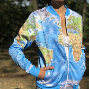 Bomberjack, geografie bomberjack met volledige print, wereldbolprint verjaardagscadeau voor haarcadeau voor vriend