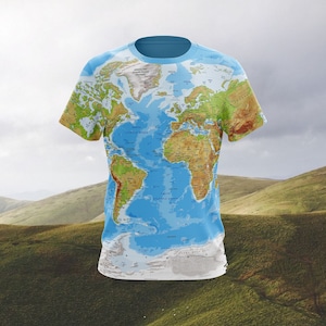 Recyceltes T-Shirt mit Weltkarte Druck, Globus Druck, Geographie T-Shirt, T-Shirt für Frauen und Männer,