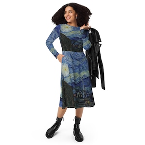 Van Gogh Starry Night Dress – Artistic Midi Dress with Pockets, Flattering Waist, and Soft Knit Fabric