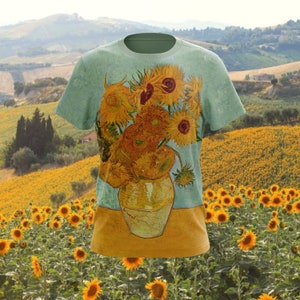 Recycled t-shirt with full print of painting &quot;Van Gogh Sunflowers&quot; gift for her gift for him