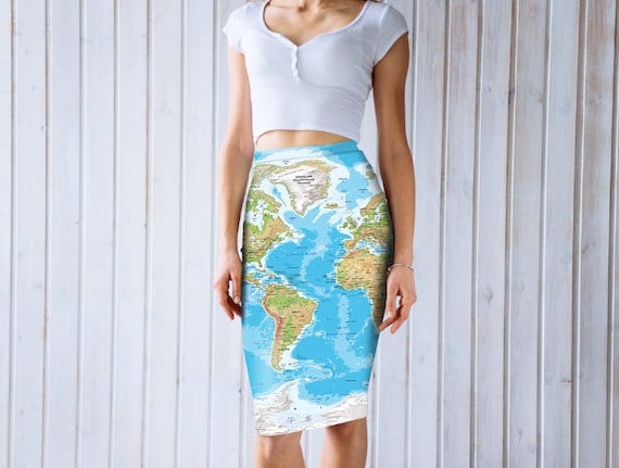 Midi Pencil Skirt Antique World Map 1913