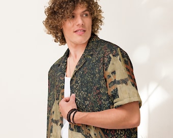 Printed button up shirt The Unicorn in Captivity from the Unicorn Tapestries Shirt for men Streetwear clothing Artistic wear gift for him