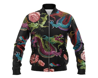 Bomber with chinese dragons, Printed dragons and flowers jacket, dragons and peonies print, artistic sweater, bomber jacket