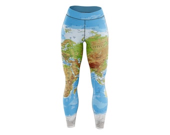 Traveler leggings with Globe Print, Geography leggings, World Map pilates pants, yoga gifts, treveler gift from ONME, gift for women