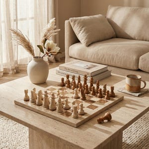 May include: A chess set with light and dark wooden pieces arranged on a checkered board. The board sits on a light-colored stone coffee table, with a fallen piece nearby. A vase with dried plants and a sofa are in the background.