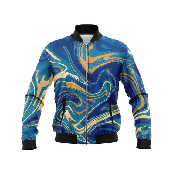 Blue and gold bomber jacket discount