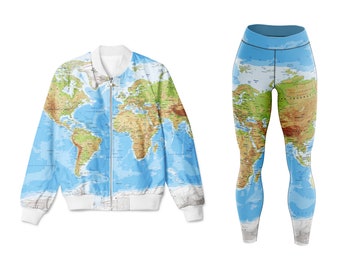 Geography yoga wear, traveler printed yoga clothes with Globe Print, yoga leggings, printed leggings, bomber jacket from ONME, Globe Print