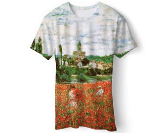 Recycled t-shirt with full print of painting "Poppy Field at Argenteuil" Claude Monet, gift for her gift for him gift idea from ONME