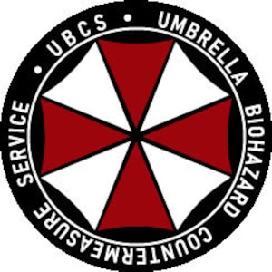 Peut inclure: Logo noir et blanc avec un parapluie rouge et le texte "Umbrella Biohazard Countermeasure Service" dans un cercle.