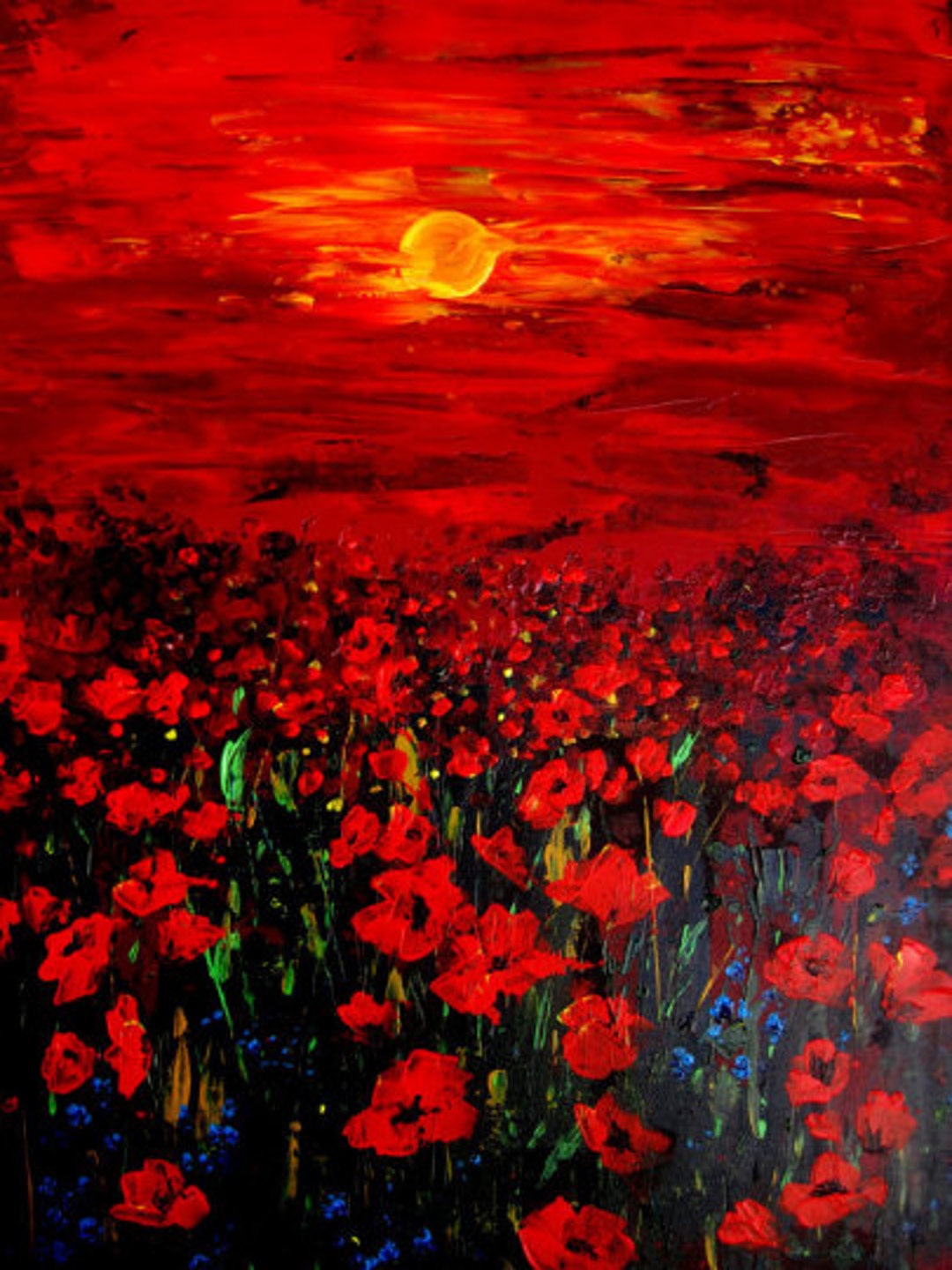 Red Poppies - Painting Oil Original Poppy Fields - Red Flowers - Sunset ...
