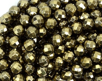 Faceted Pyrite Colored Hematite Round Beads 15.5" Strand 4mm 6mm 8mm
