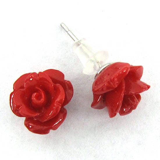 10mm synthetic coral carved rose flower earring pair red 17043 | Etsy
