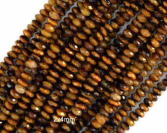 2 x 4 mm naturalne mikrofasetowane koraliki typu rondelle z tygrysiego oka, sznur 15"