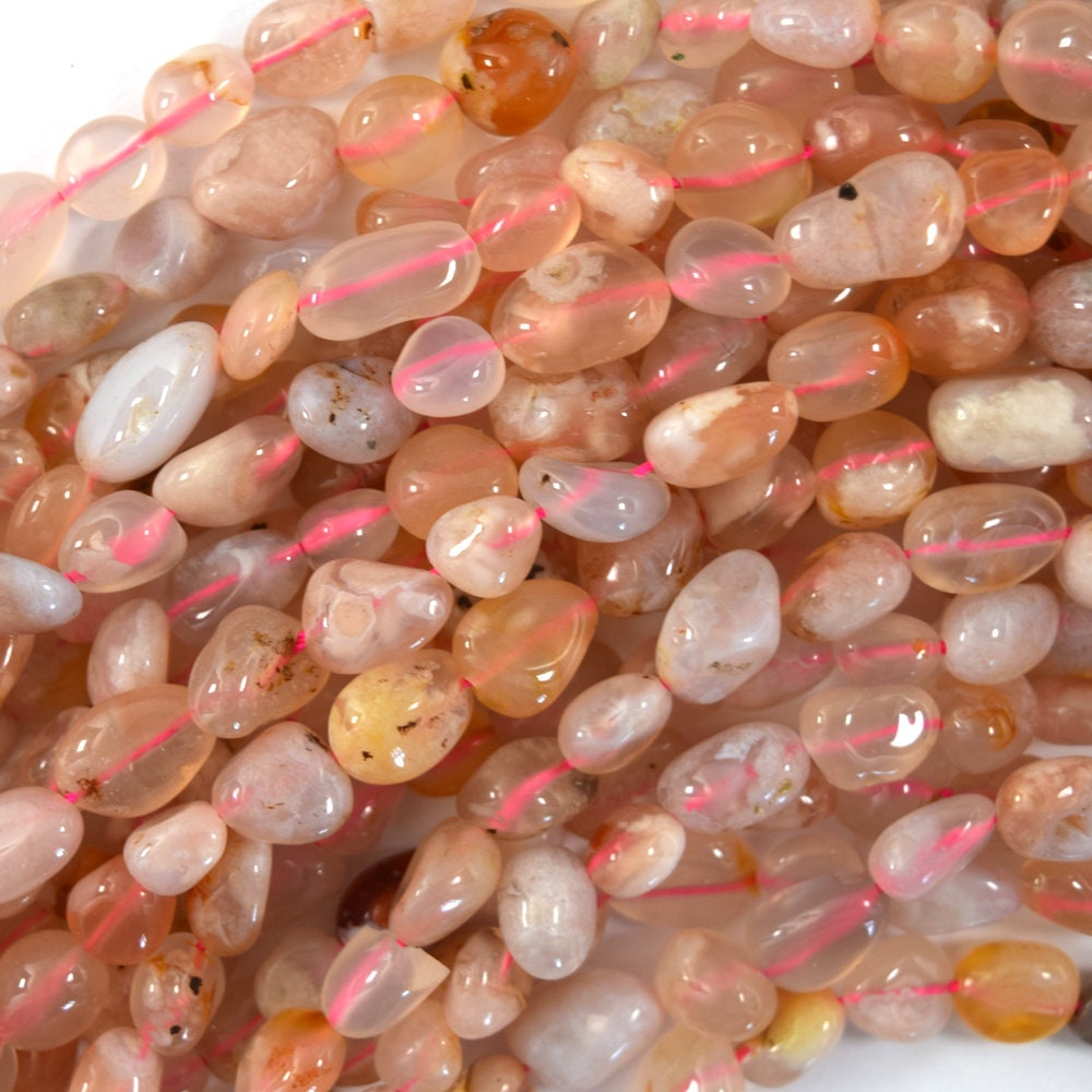 Natural Peach Cherry Blossom Sakura Agate Pebble Nugget Beads 15.5