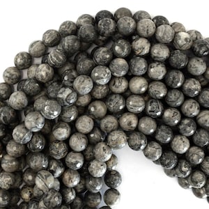 10mm faceted grey leopard skin map jasper round beads 15&quot; strand 39204