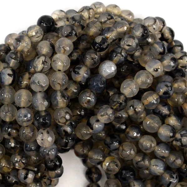 Faceted Black Dragon Vein Agate Round Beads 14.5" Strand 6mm 8mm 10mm 12mm