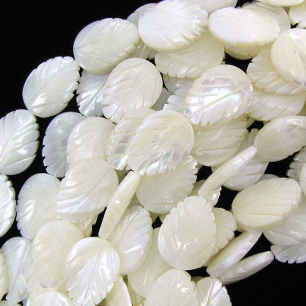 20mm white mother of pearl mop carved leaf beads 15.5" strand