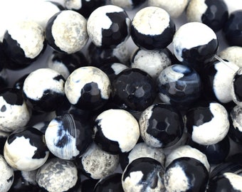 10mm faceted black white agate round beads 15" strand 36814