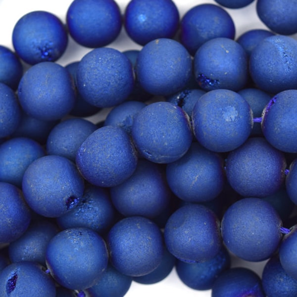 Matte Blue Druzy Agate Round Beads Gemstone 15" Strand 8mm 10mm 12mm