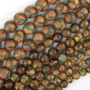 Matte Green Brown Tibetan DZI Agate Round Beads 15&quot; Strand 6mm 8mm 10mm Football