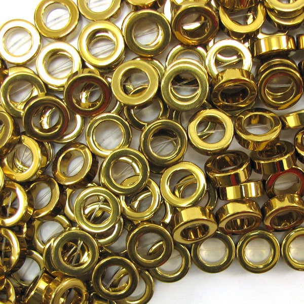 12mm gold plated hematite donut beads 16" strand 33648
