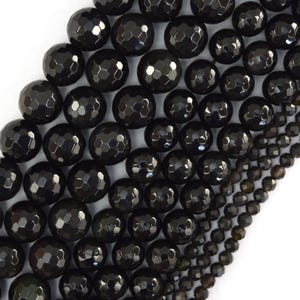 Natural Faceted Black Obsidian Round Beads 15" Strand 3mm 4mm 6mm 8mm 10mm