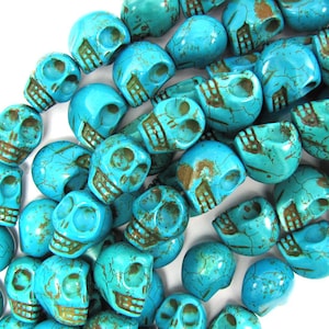 18mm blue turquoise carved skull beads 15&quot; strand