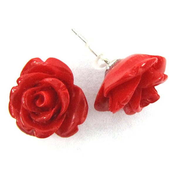 15mm synthetic coral carved rose flower earring pair red 17050
