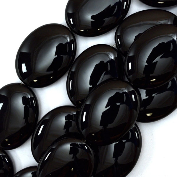 40mm black onyx flat oval beads 16" strand 39546