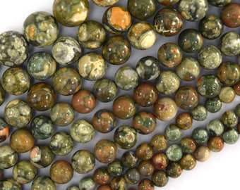 Natürliche, regenwaldgrüne Rhyolith-Jaspis-Rundperlen, 15 Zoll Strang, 6 mm, 8 mm, 10 mm