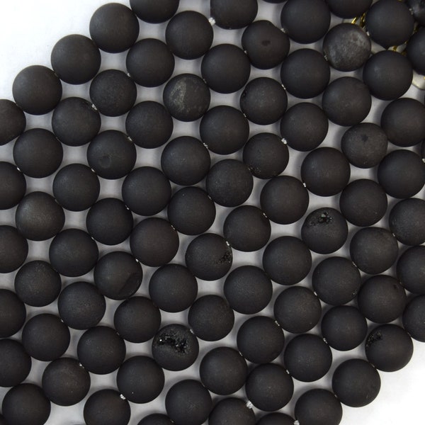 Matte Black Druzy Agate Round Beads Gemstone 15" Strand 6mm 8mm 10mm