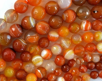 Faceted Orange Red Stripe Carnelian Round Beads 14.5" Strand 6mm 8mm 10mm