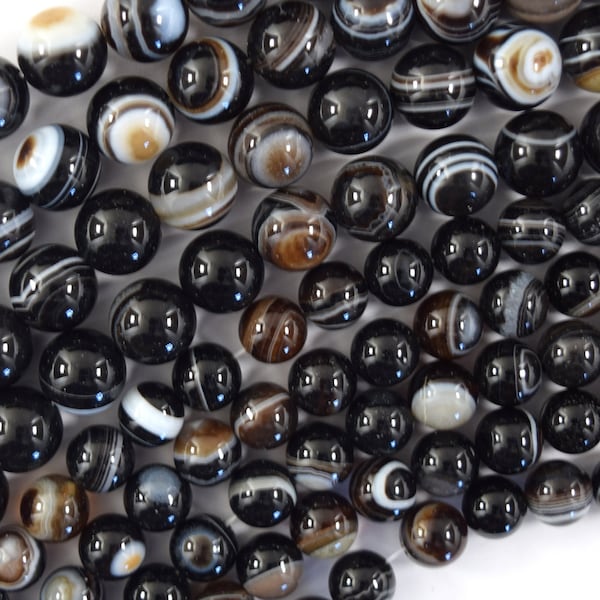 AA Black Sardonyx Agate Round Beads Gemstone 15" Strand eye vein stripe 8mm 10mm