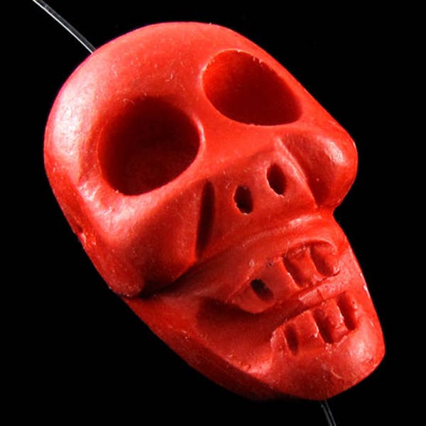 36mm red cinnabar carved skull pendant bead 16854